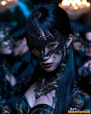 A young woman wearing a black masquerade mask stares ahead in cool blue light