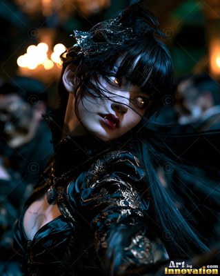 Glancing back in a dim ballroom, a pale woman wears a black gown with gold trim