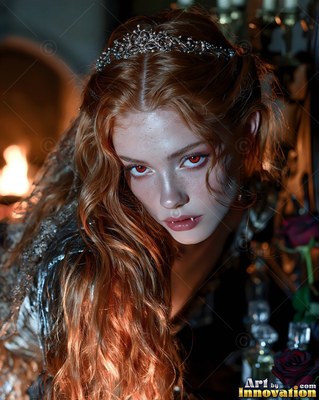 A young woman with red hair and fangs leans forward near a fireplace