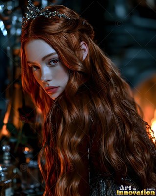 In a dark room, a young woman with long red hair wears a sparkling crown
