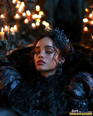 Reclining in a black gown and crown, a young woman rests before soft candlelight