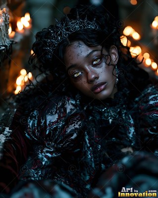 Young woman in a dark crown rests before soft candlelight