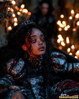 A dark tiara rests on a young woman with fangs seated near warm candlelight