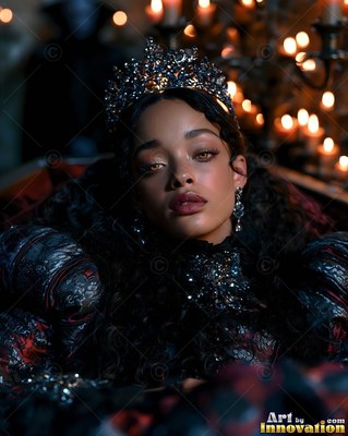A crowned woman reclines in dark satin before soft yellow candlelight