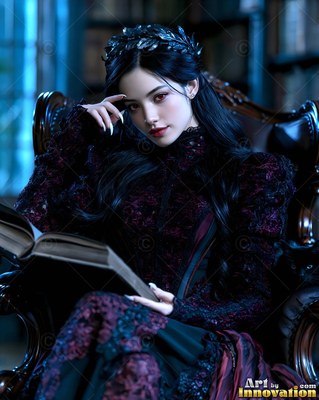 Seated in a dark library, a woman in a black gown holds an open book