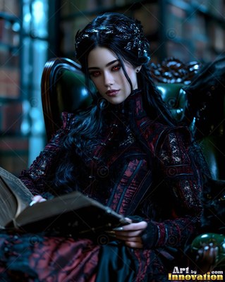 A pale woman with red eyes sits reading an old book in a dark library