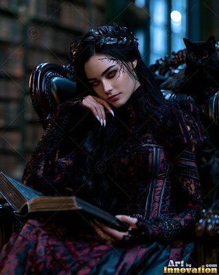 In a dark library, a pale woman in a lace dress sits holding an open book
