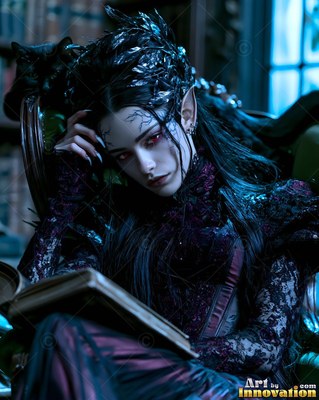 Holding an open book, a pale elven woman with dark lace rests in a chair