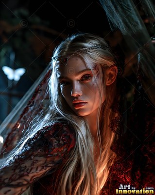 Blonde woman in a dark red dress looking forward in the night