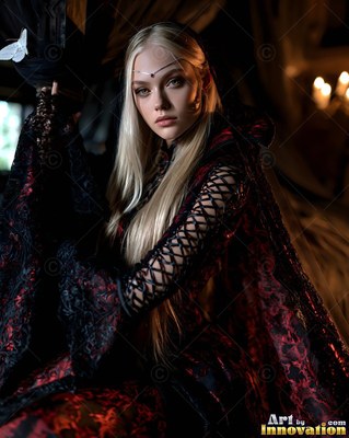A blonde woman in a red and black lace gown sits in a shadowy stone room with candlelight
