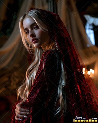 A young woman looks over her shoulder, draped in a red veil in warm candlelight
