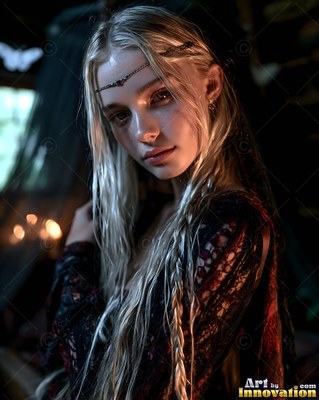 Leaning forward in a dim room, a pale woman with long blonde hair in black lace