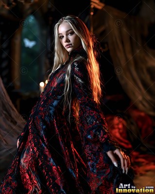 A young blonde woman poses in a dark room wearing a red and black velvet dress