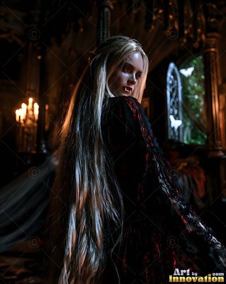In a dark room with candles, a vampire woman with long blonde hair looks back