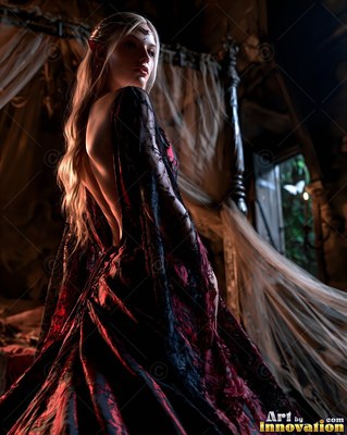 Looking over her shoulder, a pale woman in a backless red and black gown stands by a bed