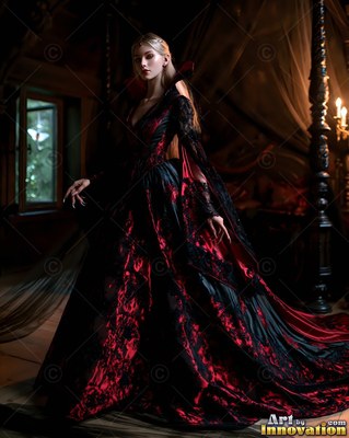 Woman in a red and black velvet gown in a dark bedroom