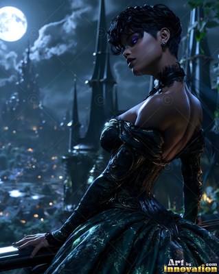 In a dark green backless gown, a short-haired woman looks out from a high stone balcony under the full moon