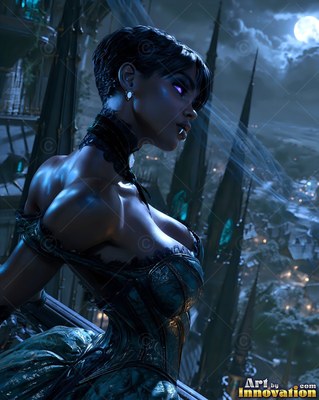 A woman in a dark corset looks from a high balcony into cool blue moonlight