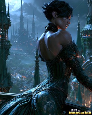 Seen from behind, a woman stands on a balcony above a dark city