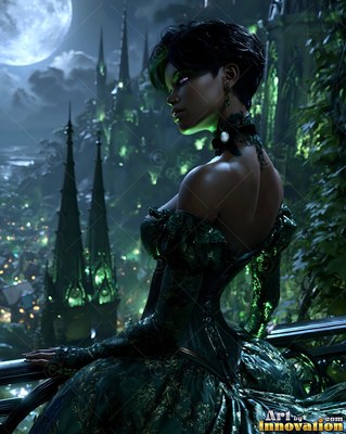 A woman in a dark green gown leans on a balcony overlooking green spires under the moon