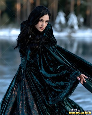 In a snowy forest, a pale young woman in a dark green velvet cloak looks sideways