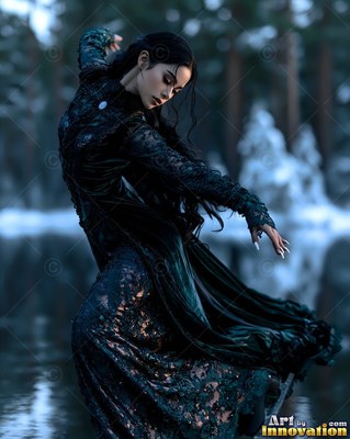 Dancing by frozen water, a pale woman wears a dark green lace dress in the woods