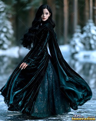 Woman in a dark green velvet dress standing in the snow