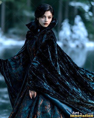 A dark velvet cape covers a pale woman standing before cold water and dim trees