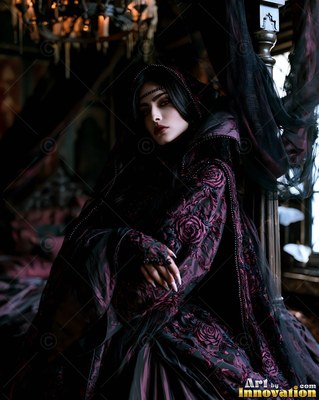 A woman sits by a draped bedpost, her rose-patterned purple gown catching dim light