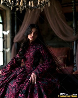 Seated upright in a dark bedroom, a woman wears a deep red floral gown