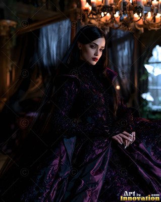 A pale woman in a dark purple gown sits in a shadowy room under candlelight