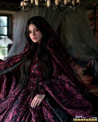 In a dimly lit bedroom, a pale woman wears a dark patterned maroon gown