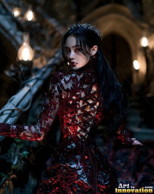 Looking over her shoulder, a vampire woman in a black and red lace gown pauses near stone arches