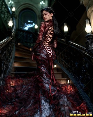 Woman in a laced dark red gown looking back on a staircase