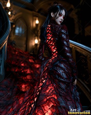 A red laced corset shapes a woman in a dark gown descending a grand staircase