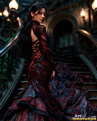 A woman walks down dark stairs in a long red-and-black ruffled gown