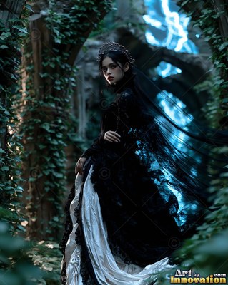 Turned sideways in ivy ruins, a woman wears a black gown with a crown