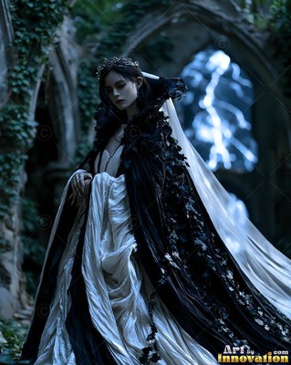A young woman in a black and white dress stands in dark stone ruins with lightning