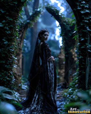 Under dark ivy-covered arches, a pale woman stands wearing a black gown