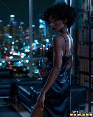 Holding a wine glass, a woman in a black satin dress looks back near city windows
