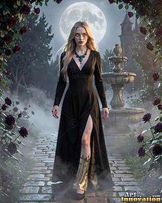 In a misty rose garden under the full moon, a blonde woman walks in a black slit dress