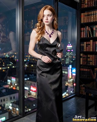 Holding a wine glass, a red-haired woman dressed in a black satin dress stands by a window