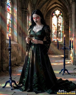 In a green embroidered black gown, a light-skinned woman reads a letter in a stone church