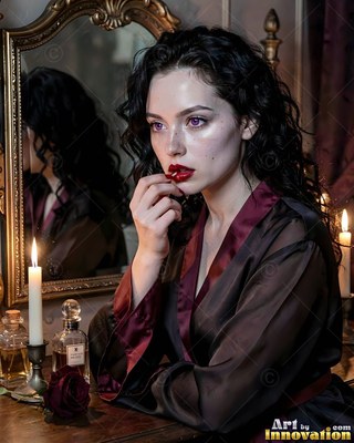 A pale woman touches her red lips by a mirror in soft candlelight