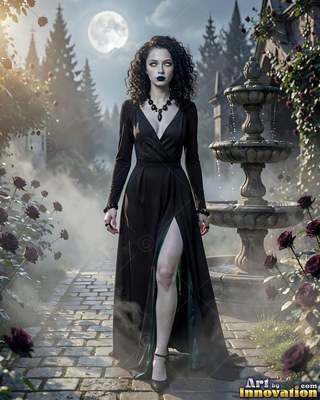 Walking forward in a misty garden, a white-skinned woman wears a long black dress