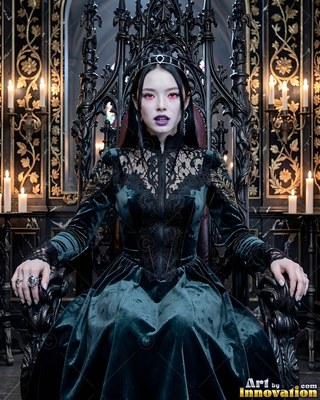 On a dark throne, a pale woman sits in a dark green velvet dress