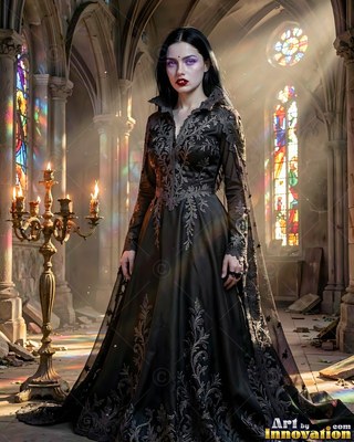Standing in a ruined stone church, a vampire woman poses in a dark embroidered gown