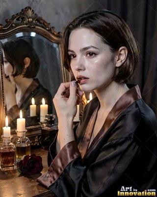 A woman in a black robe applies lipstick by candlelight