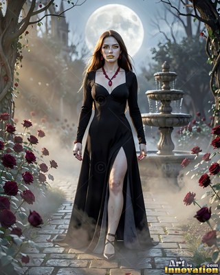 A red gemstone necklace rests on a woman in a slit dark gown walking through a misty rose garden under the full moon