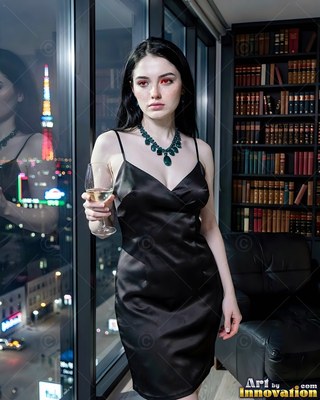 A dark-haired woman holds a wine glass by a high window near warm city light
